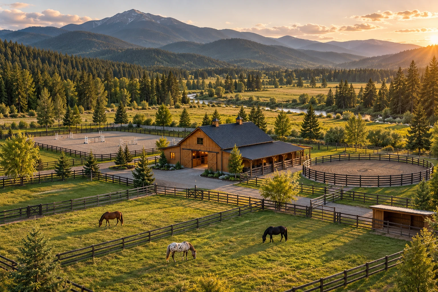 Illustrative aerial scene of a horse ranch with paddocks, barn and riding arena