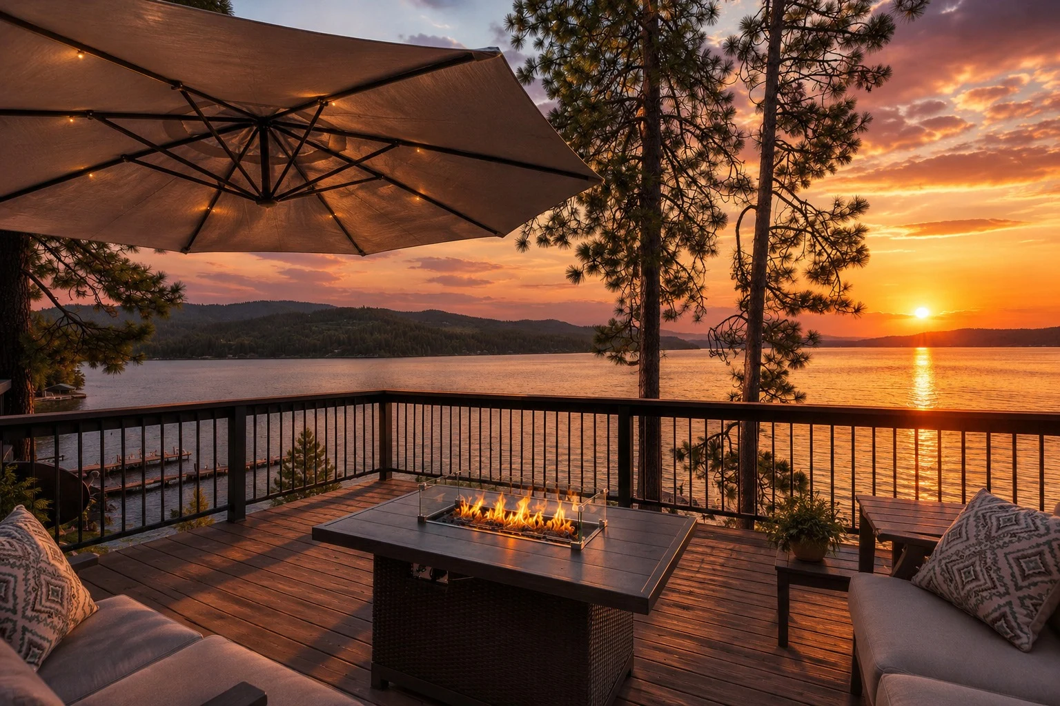 Inviting deck with a glowing fire table overlooking water at sunset